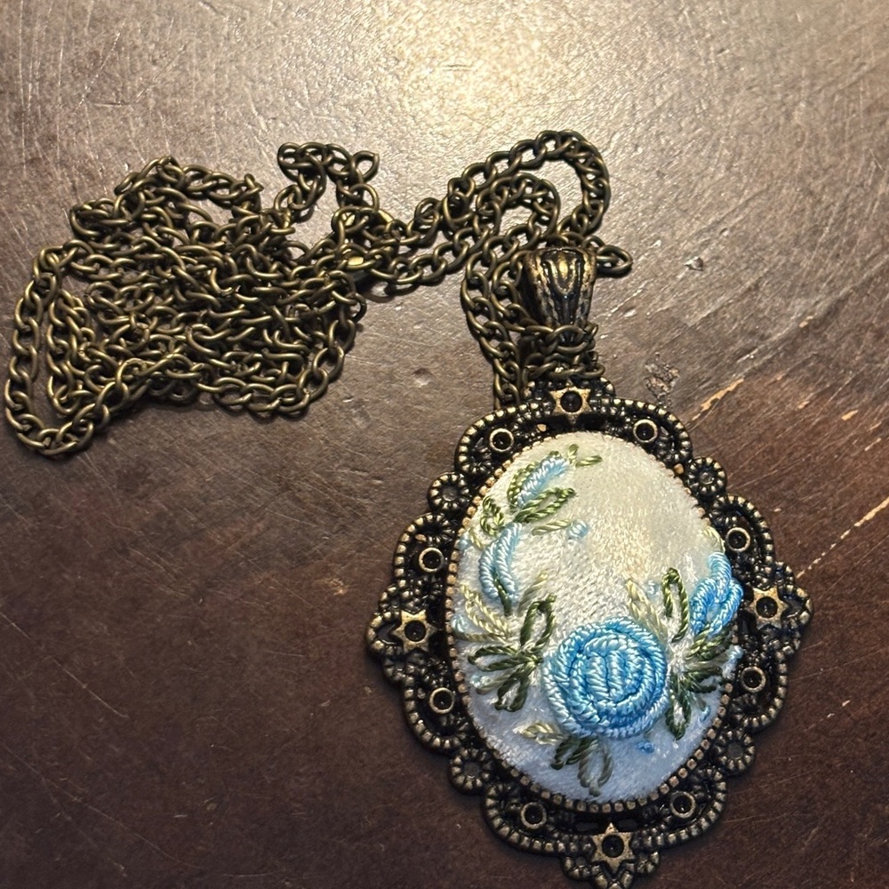 Embroidered Blue and Gold Pendant Necklace